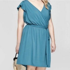 Ava & Viv Laguna Teal Faux Wrap Hi Lo Dress Knit Elastic Waist Size 1X